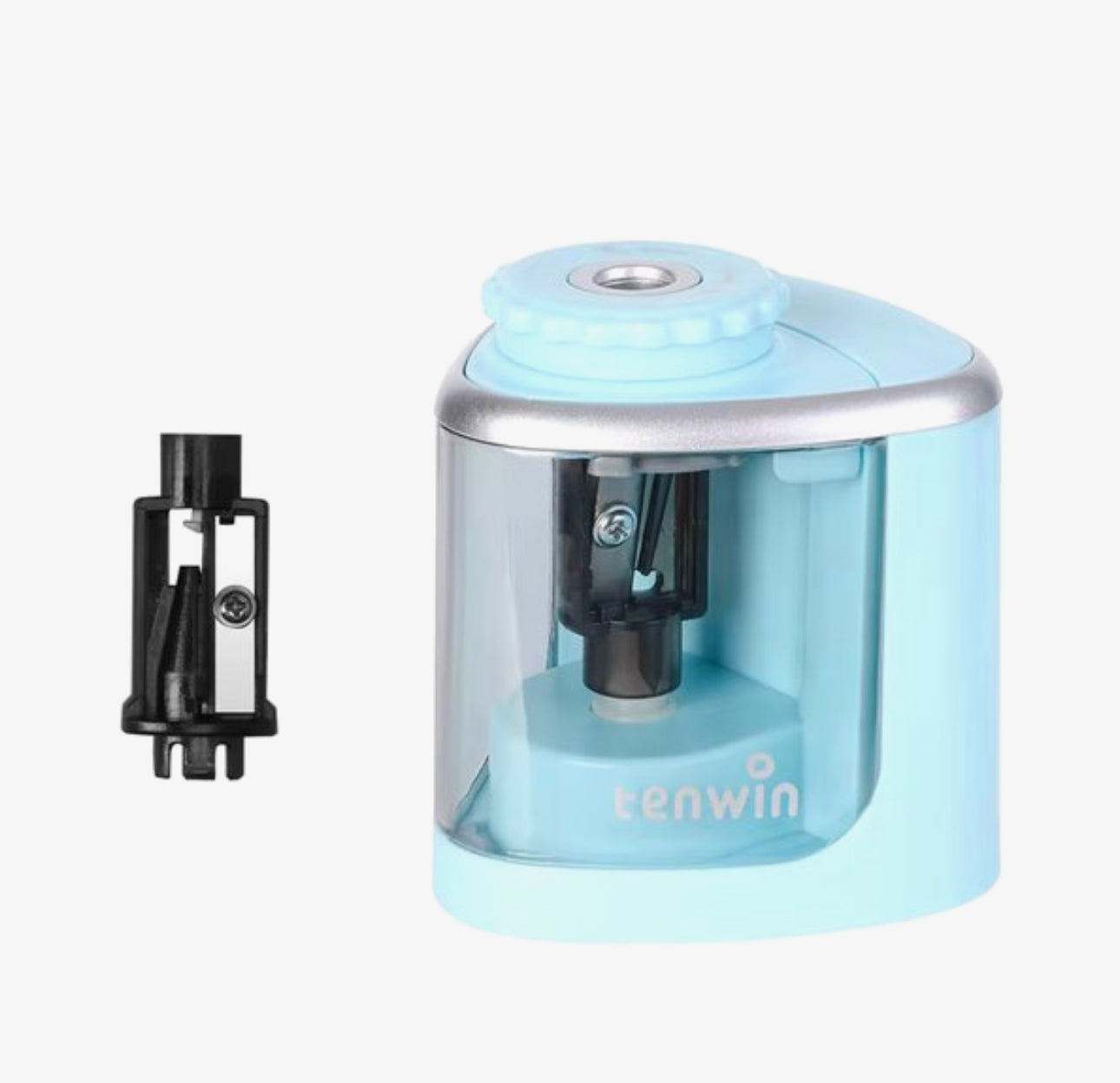 TENWIN Elektrische Puntenslijper – Automatische Potloodslijper met Reservemes – Werkt op 2 AA Batterijen – Compact & Stil – Lichtblauw