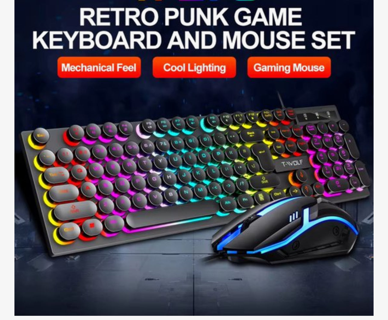 Gaming Combo set - RGB Gaming Toetsenbord en Muis Set – Mechanische Feel – Retro Ronde Toetsen – LED Verlichting – 104 Toetsen – USB Bedraad – Voor PC en Laptop