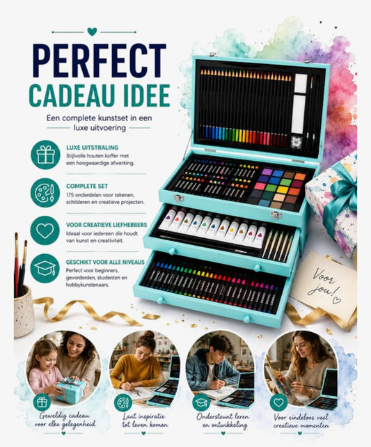 175 Delige Tekenset in Houten Koffer – Complete Kunstset met Acrylverf, Oliepastels, Kleurpotloden, Schetsboek & Acrylic Pad – Voor Beginners en Gevorderden – Turquoise