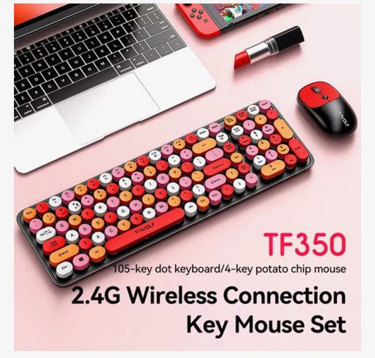 Draadloos Toetsenbord en Muis Set – Retro Ronde Toetsen – 2.4GHz USB – Stil Typen – 105 Toetsen – DPI 800/1200/1600 – Rood/Roze