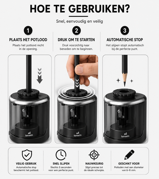Originele Tenwin Elektrische Puntenslijper – Automatische Potloodslijper op Batterijen – Inclusief Extra Reservemes – Compact & Veilig – Voor School, Kantoor en Kinderen – Zwart