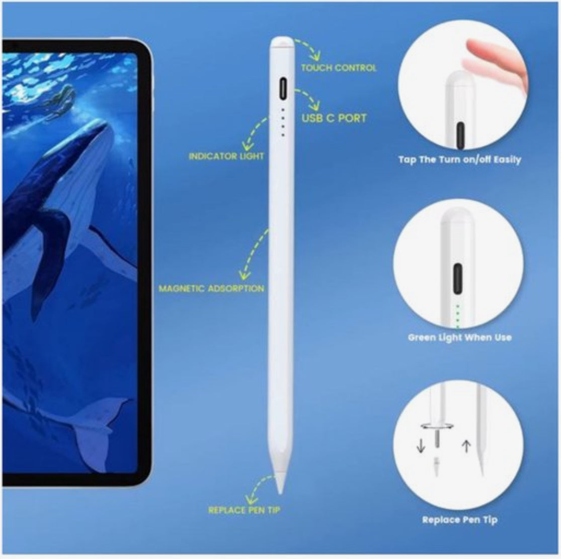 Stylus Pen voor iPad (2018–2025) – Oplaadbare Touch Pen met Palm Rejection, LED Batterij-indicator en 5 Extra Penpunten – Wit