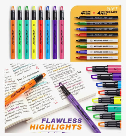 16 Delige Highlighter Pennen Set – 8 Fluor Kleuren – Inclusief Whiteboard Markers & Fineliners – Voor School en Kantoor