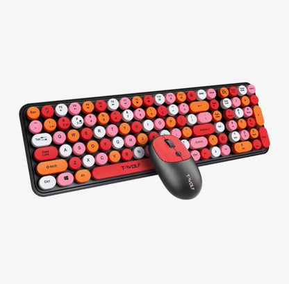 Draadloos Toetsenbord en Muis Set – Retro Ronde Toetsen – 2.4GHz USB – Stil Typen – 105 Toetsen – DPI 800/1200/1600 – Rood/Roze