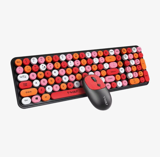 Draadloos Toetsenbord en Muis Set – Retro Ronde Toetsen – 2.4GHz USB – Stil Typen – 105 Toetsen – DPI 800/1200/1600 – Rood/Roze