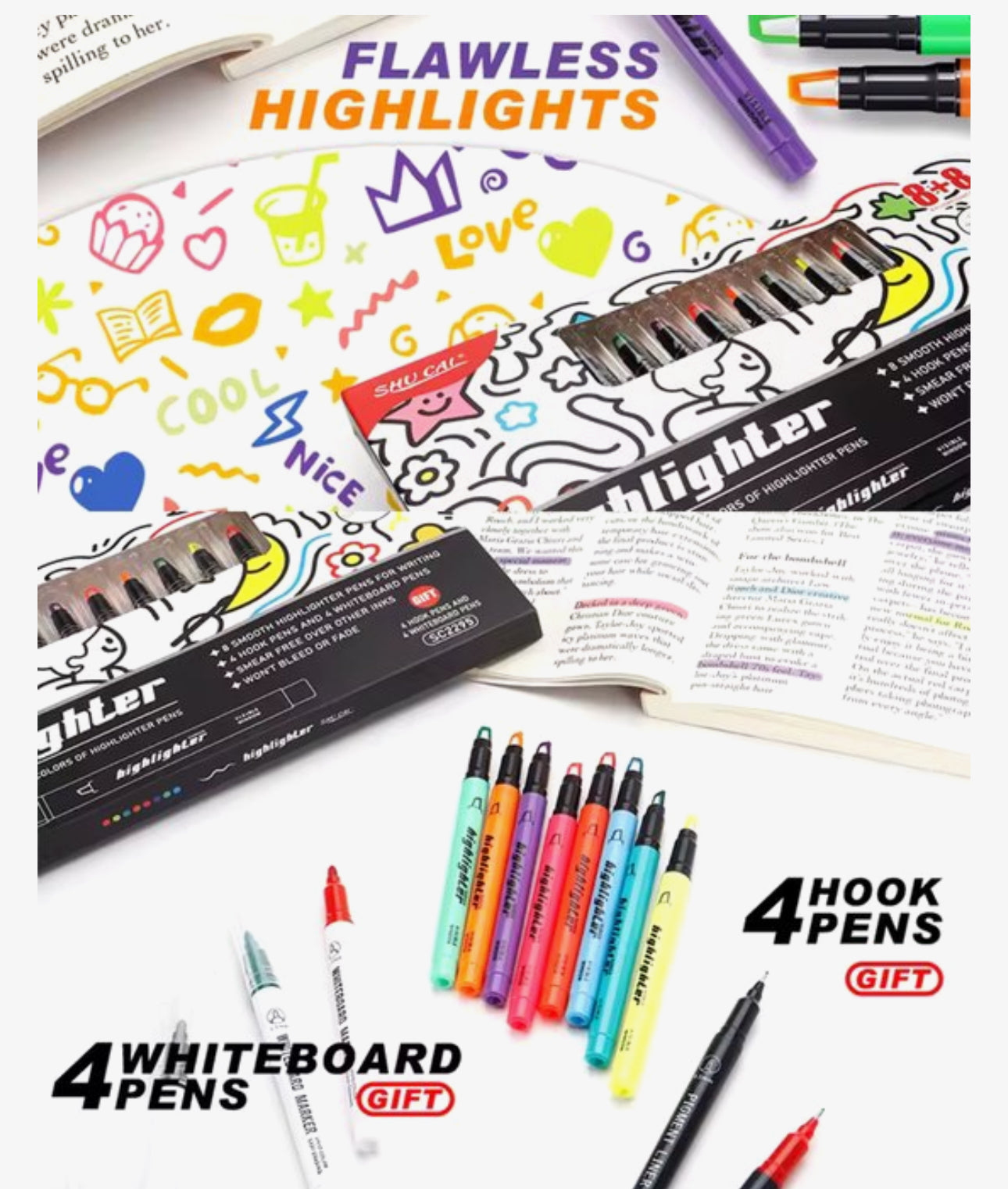 16 Delige Highlighter Pennen Set – 8 Fluor Kleuren – Inclusief Whiteboard Markers & Fineliners – Voor School en Kantoor