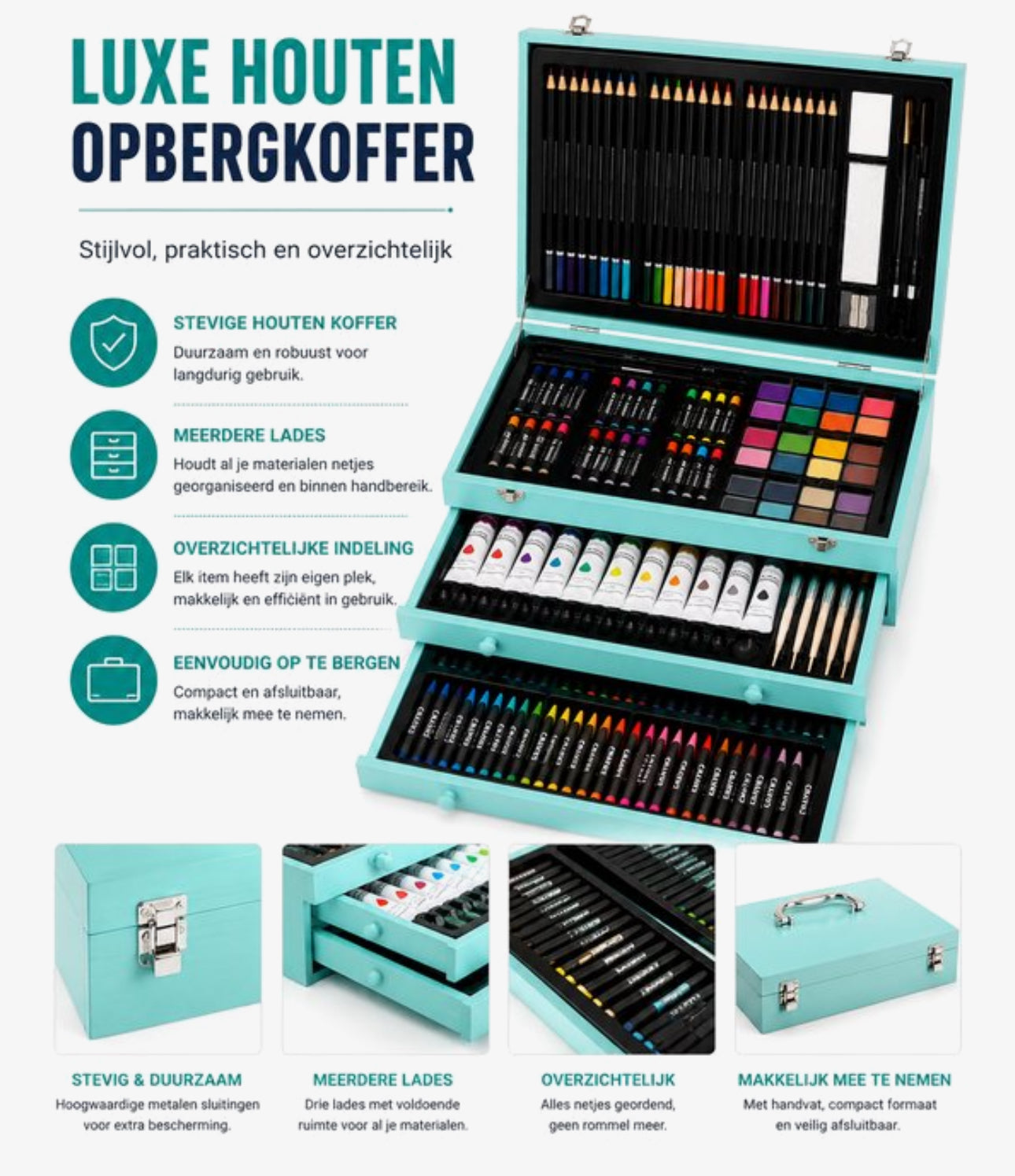 175 Delige Tekenset in Houten Koffer – Complete Kunstset met Acrylverf, Oliepastels, Kleurpotloden, Schetsboek & Acrylic Pad – Voor Beginners en Gevorderden – Turquoise