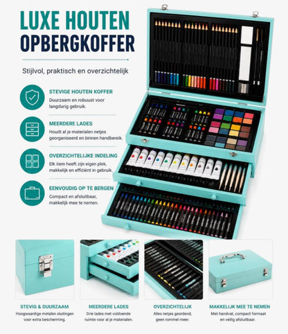 175 Delige Tekenset in Houten Koffer – Complete Kunstset met Acrylverf, Oliepastels, Kleurpotloden, Schetsboek & Acrylic Pad – Voor Beginners en Gevorderden – Turquoise