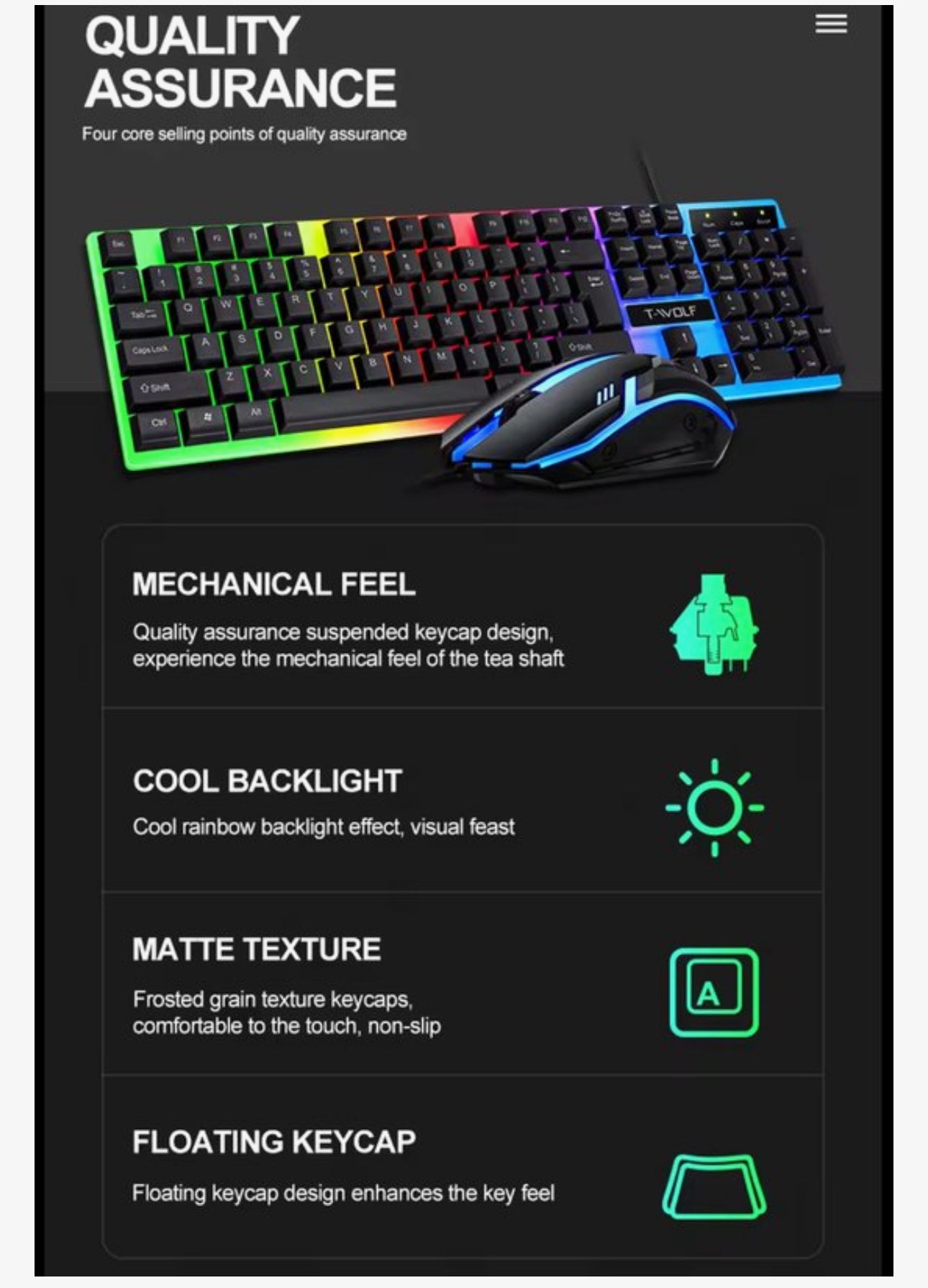 Gaming Toetsenbord en Muis Set RGB – Bedraad USB – 104 Toetsen – Regenboog Backlight – Waterbestendig – Wit – TF230
