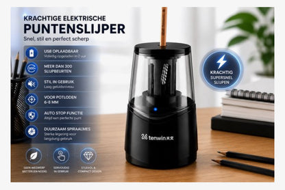 Tenwin Elektrische Puntenslijper Oplaadbaar – Lithium Batterij – USB Oplaadbaar – Auto Stop – Vervangbaar Spiraalmes – Voor Potloden 6-8 mm – Zwart