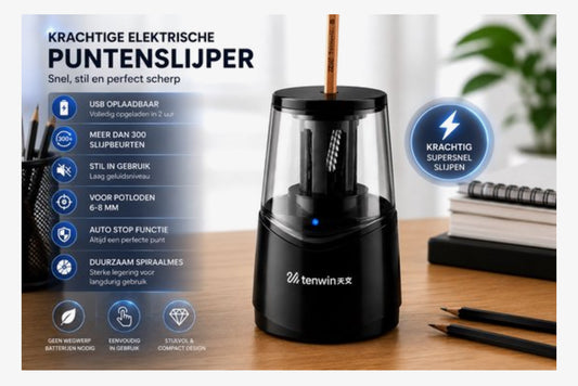 Tenwin Elektrische Puntenslijper Oplaadbaar – Lithium Batterij – USB Oplaadbaar – Auto Stop – Vervangbaar Spiraalmes – Voor Potloden 6-8 mm – Zwart