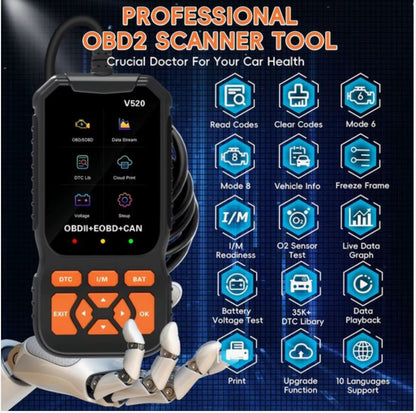 OBD2 Diagnosetool voor Auto’s – Auto Uitleesapparaat – Check Engine Reset – Foutcode Lezer – Live Data – Accucontrole – OBDII/EOBD/CAN