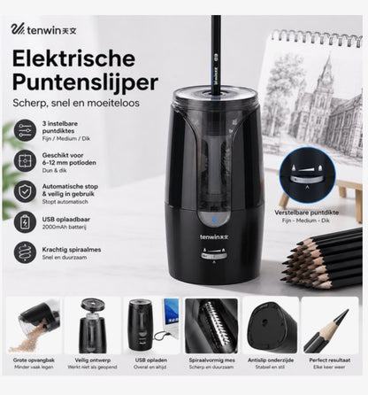 Elektrische Puntenslijper USB Oplaadbaar – Voor 6-12 mm Potloden – Automatische Stop – Verstelbare Punt – Geschikt voor Kleurpotloden & Houtskool – Zwart