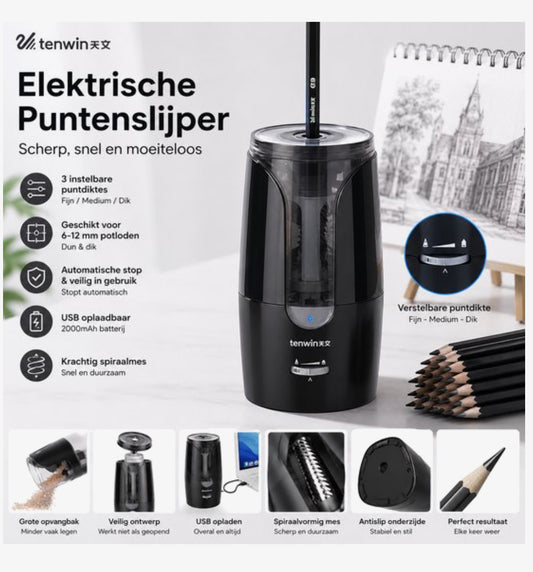 Elektrische Puntenslijper USB Oplaadbaar – Voor 6-12 mm Potloden – Automatische Stop – Verstelbare Punt – Geschikt voor Kleurpotloden & Houtskool – Zwart