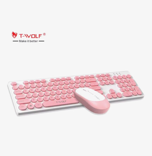 Draadloos Toetsenbord en Muis Set – 2.4G Wireless – 104 Toetsen – Stil Typen – Retro Ronde Toetsen – USB Ontvanger – 10m Bereik – Roze