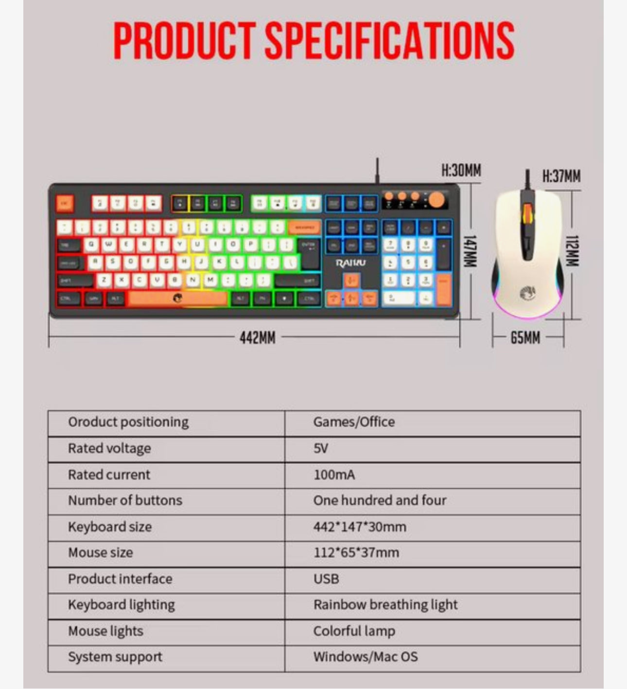 Gaming Toetsenbord en Muis Set – RGB Verlichting – 104 Toetsen – Bedraad USB – Multimedia Toetsen & Volume Knop – Inclusief Mousepad – Wit
