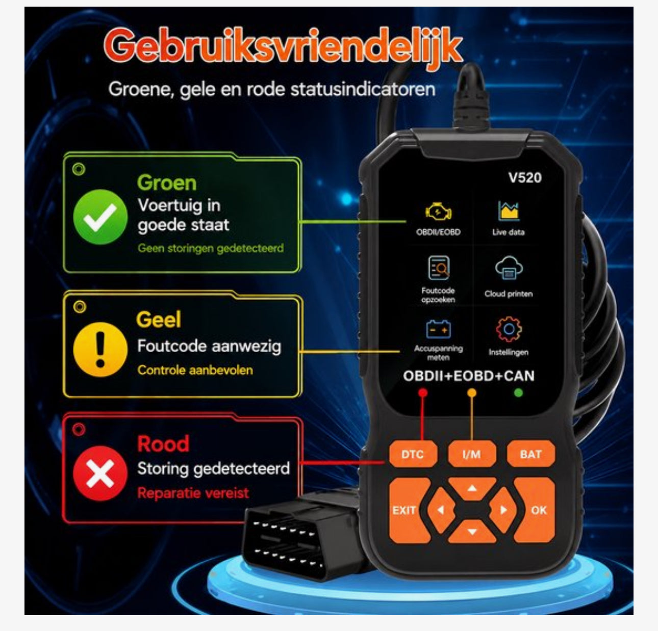 OBD2 Diagnosetool voor Auto’s – Auto Uitleesapparaat – Check Engine Reset – Foutcode Lezer – Live Data – Accucontrole – OBDII/EOBD/CAN
