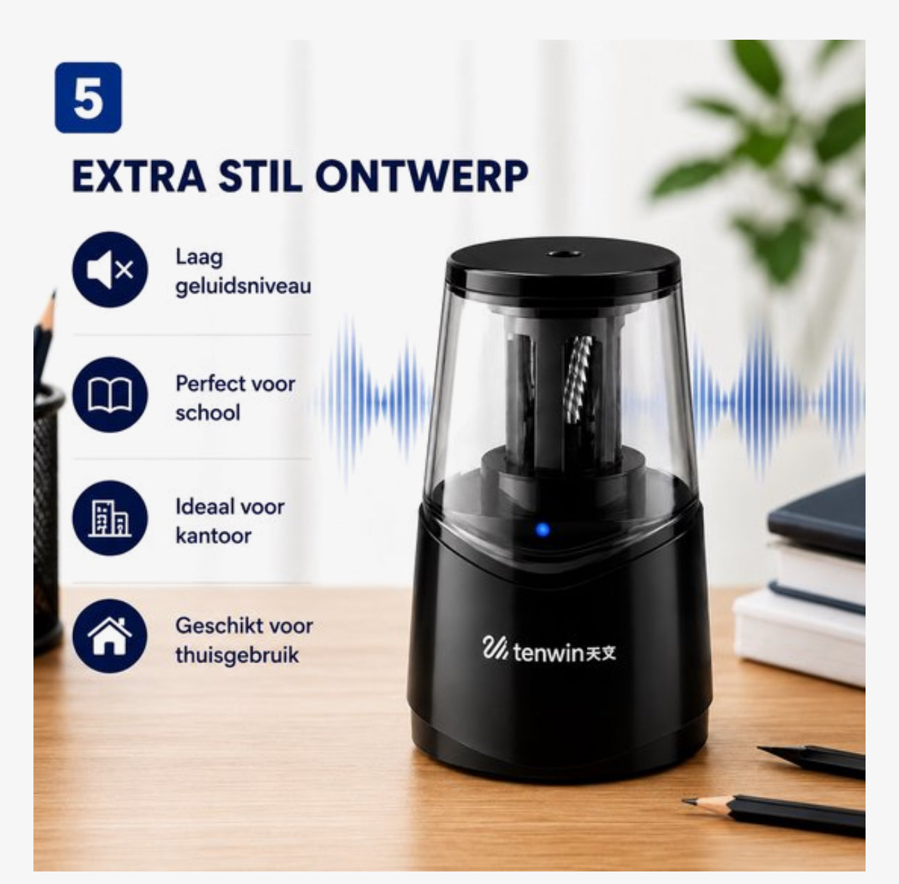 Tenwin Elektrische Puntenslijper Oplaadbaar – Lithium Batterij – USB Oplaadbaar – Auto Stop – Vervangbaar Spiraalmes – Voor Potloden 6-8 mm – Zwart