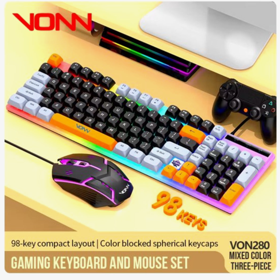 Gaming Toetsenbord en Muis Set – 98 Toetsen – RGB Verlichting – Bedraad – Wit