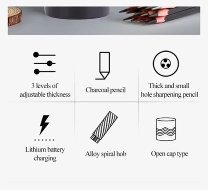 Elektrische Puntenslijper USB Oplaadbaar – Voor 6-12 mm Potloden – Automatische Stop – Verstelbare Punt – Geschikt voor Kleurpotloden & Houtskool – Zwart