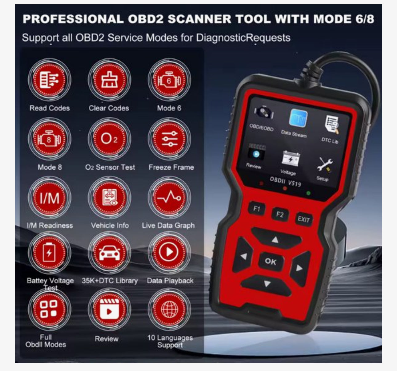 OBD2 Scanner V519 – Professionele Auto Diagnose Tool met Live Data, Foutcodes Lezen & Wissen, Accu Test – Geschikt voor Alle Auto’s vanaf 1996 (OBDII/EOBD)