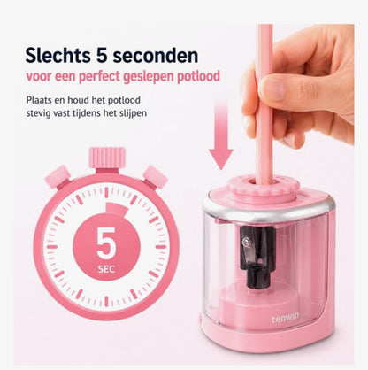 Originele Tenwin Elektrische Puntenslijper – Automatische Potloodslijper op Batterijen – Inclusief Extra Reservemes – Compact & Veilig – Voor School, Kantoor en Kinderen – Roze