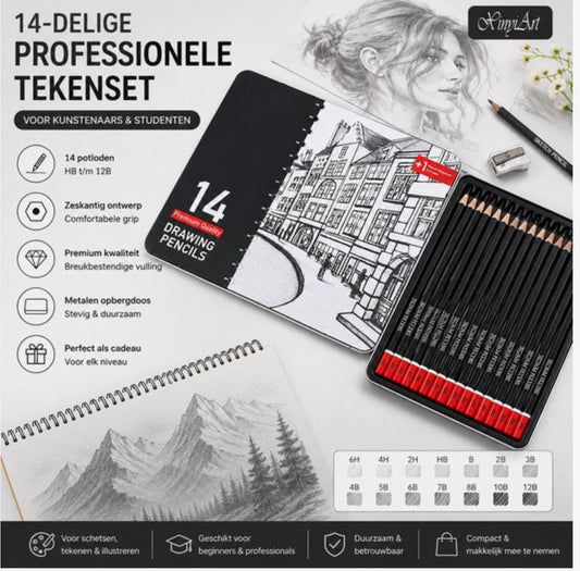 14-delige Professionele Tekenset – Sketch Potloden Set met Gum en Puntenslijper – HB t/m 12B – Voor Tekenen, Schetsen en Kunst