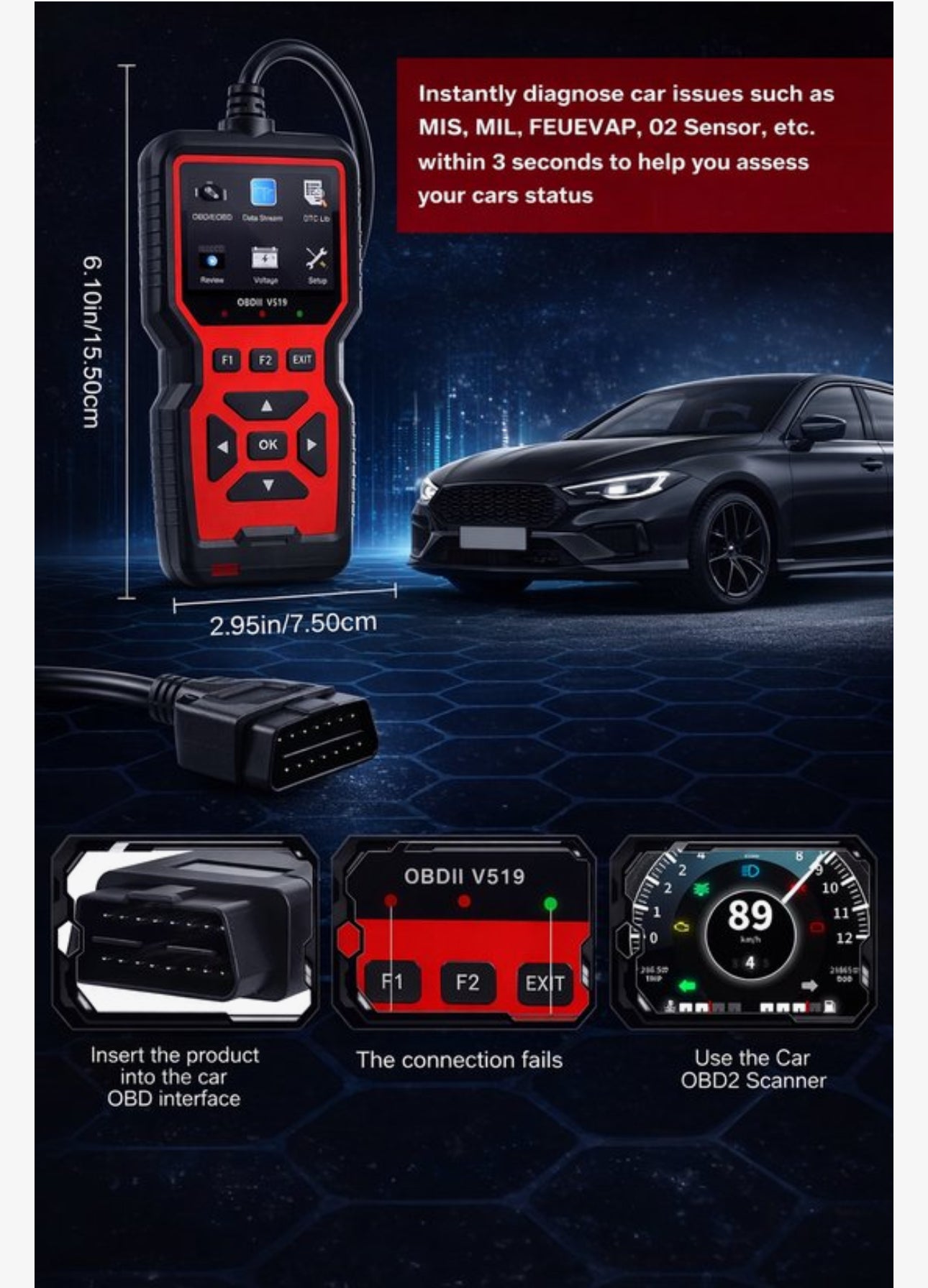 OBD2 Scanner V519 – Professionele Auto Diagnose Tool met Live Data, Foutcodes Lezen & Wissen, Accu Test – Geschikt voor Alle Auto’s vanaf 1996 (OBDII/EOBD)