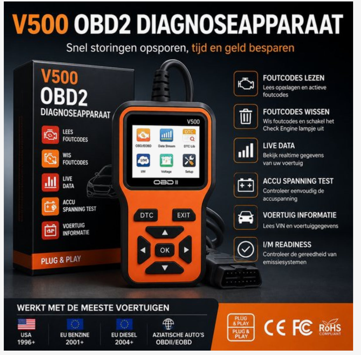 OBD2 Diagnoseapparaat V500 – Auto Uitleesapparaat – Foutcodelezer – OBDII Scanner – Live Data – Accuspanning Test – Benzine & Diesel