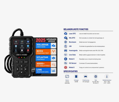 OBD2 - V511 Scanner – Auto Diagnoseapparaat – Foutcodes Lezen & Wissen – Check Engine Reset – Live Data – Smog Test (I/M Readiness) – Accuspanning Test – OBDII/EOBD