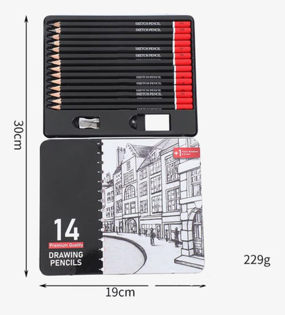 14-delige Professionele Tekenset – Sketch Potloden Set met Gum en Puntenslijper – HB t/m 12B – Voor Tekenen, Schetsen en Kunst