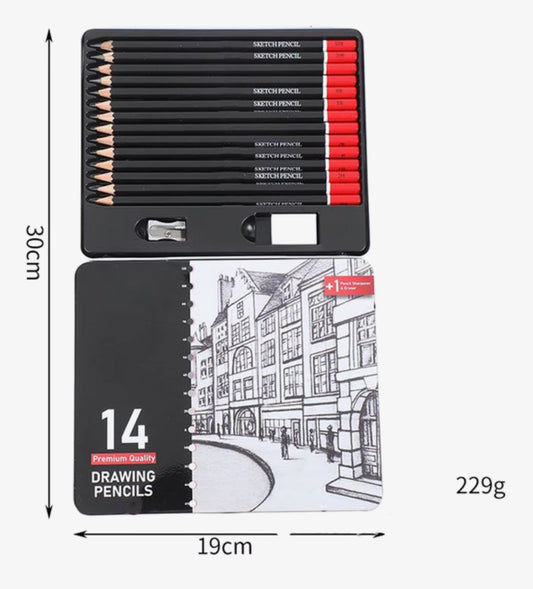 14-delige Professionele Tekenset – Sketch Potloden Set met Gum en Puntenslijper – HB t/m 12B – Voor Tekenen, Schetsen en Kunst