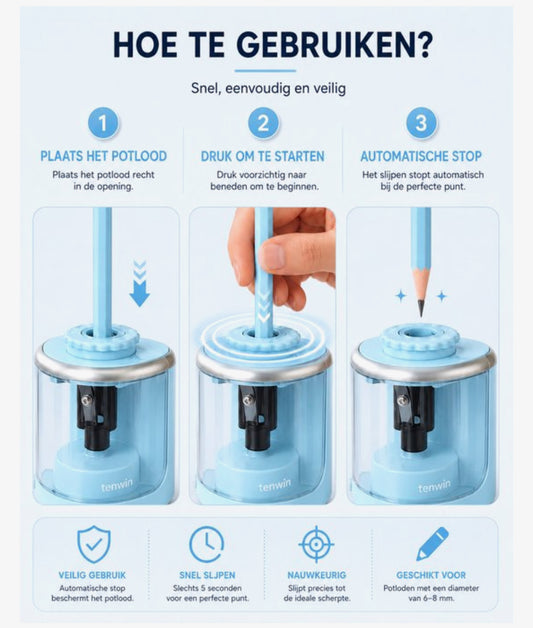 TENWIN Elektrische Puntenslijper – Automatische Potloodslijper met Reservemes – Werkt op 2 AA Batterijen – Compact & Stil – Lichtblauw
