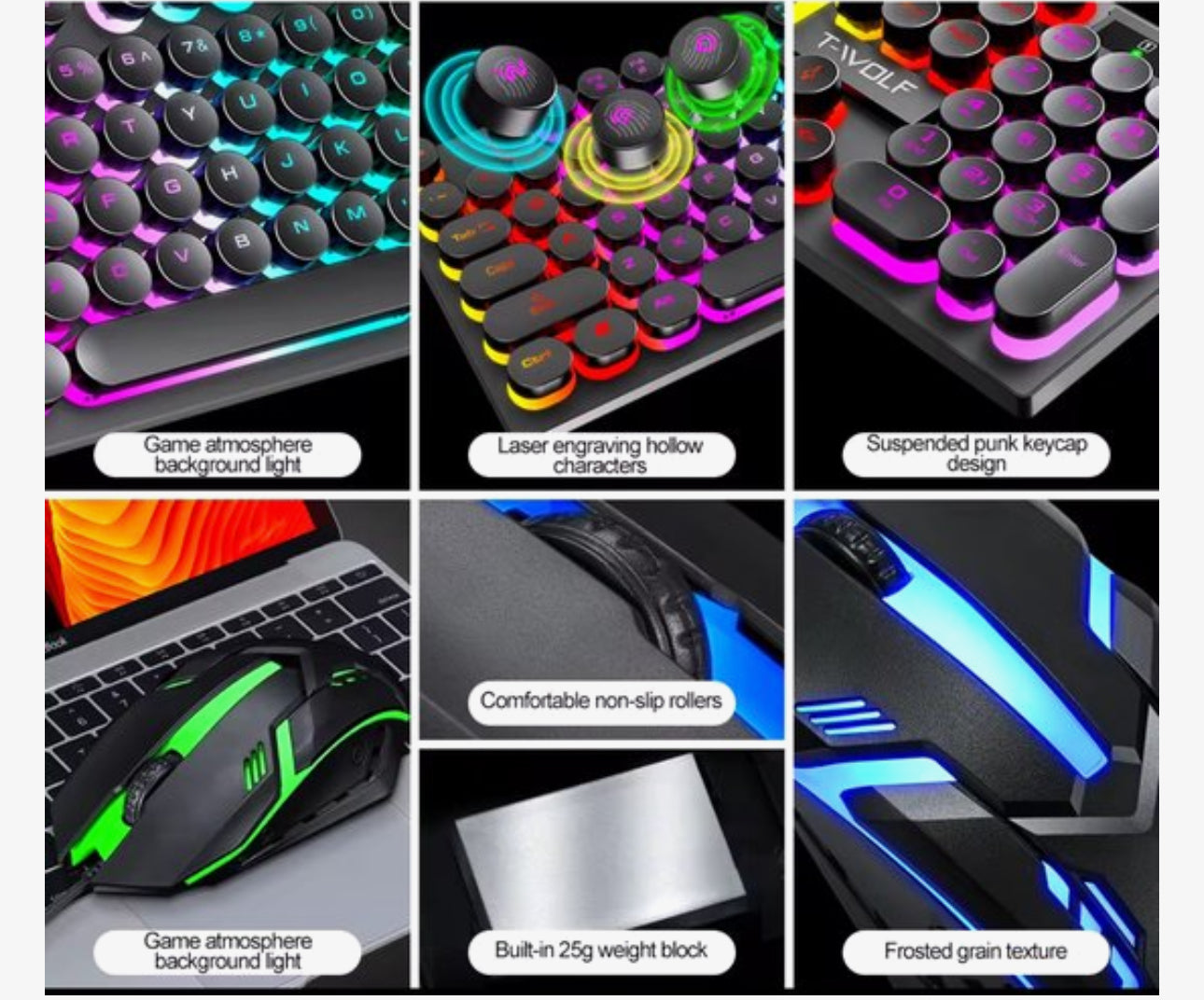 Gaming Combo set - RGB Gaming Toetsenbord en Muis Set – Mechanische Feel – Retro Ronde Toetsen – LED Verlichting – 104 Toetsen – USB Bedraad – Voor PC en Laptop
