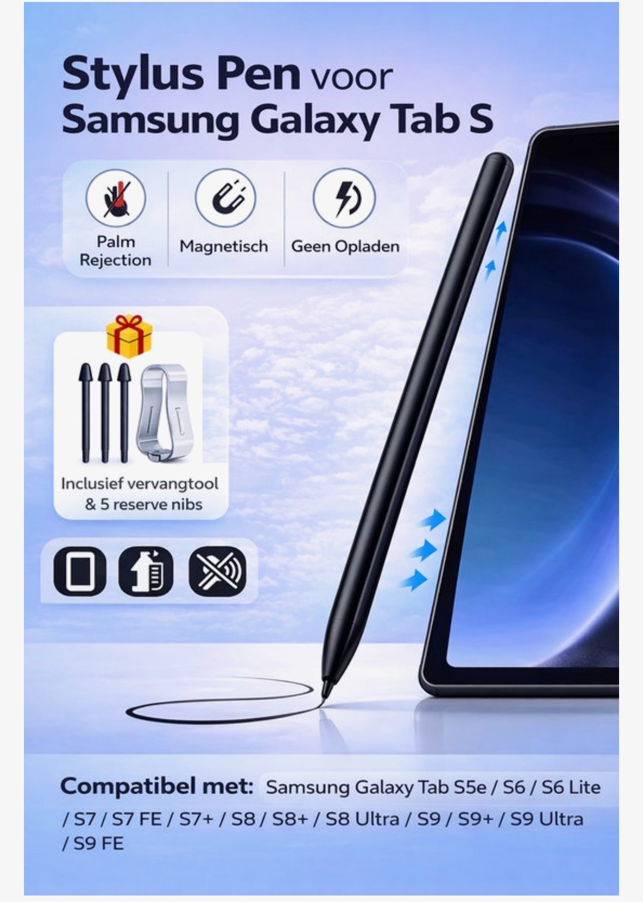 Stylus Pen voor Samsung Galaxy Tab S – Palm Rejection – Magnetisch – Met Wisserknop – Zonder Bluetooth of Opladen – Inclusief 3 Reserve Nibs – Compatibel met S6 Lite / S7 / S8 / S9