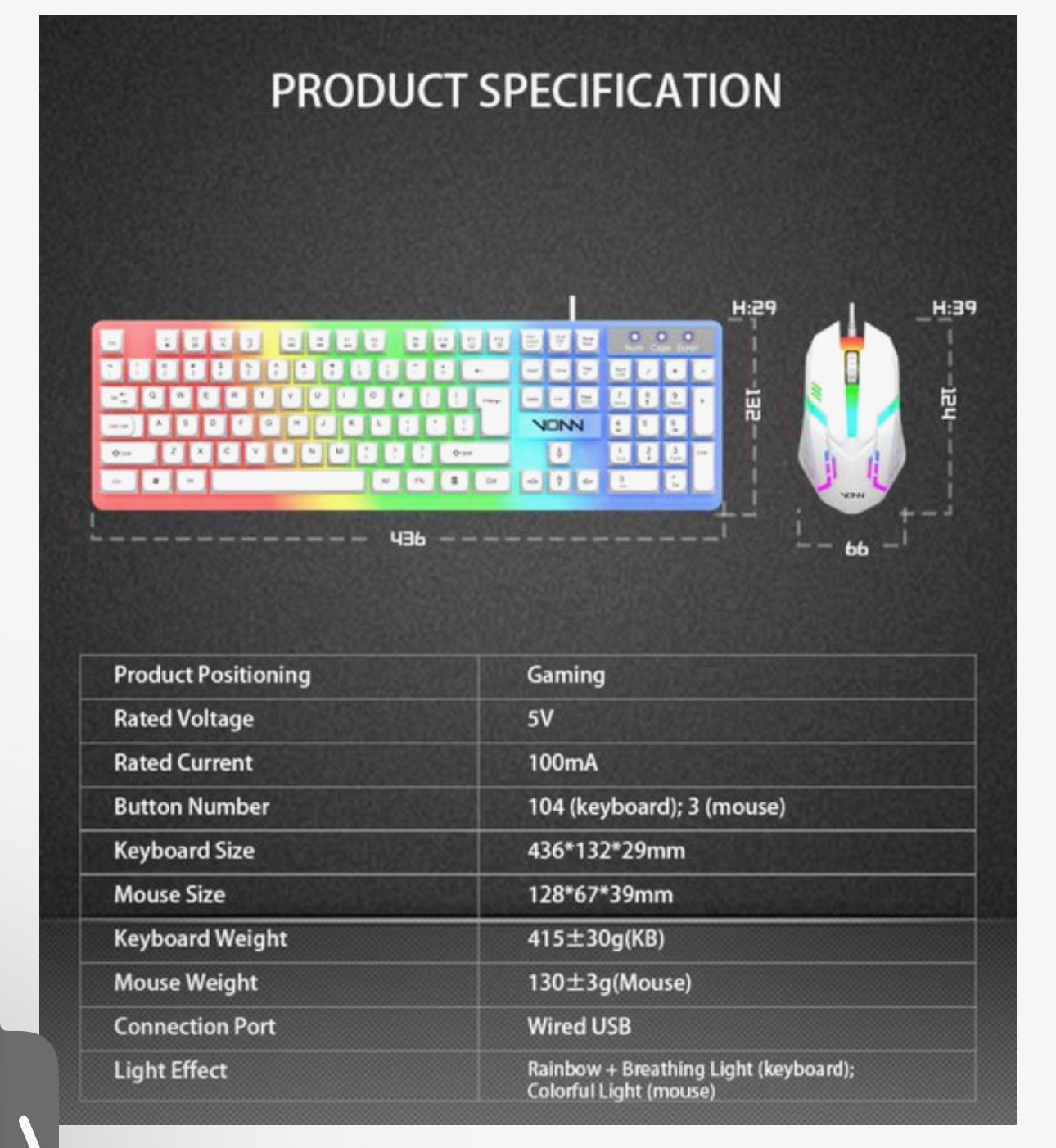 Bedraad Toetsenbord en Muis Set USB – RGB LED Verlichting – Full Size 104 Toetsen – Gaming Design – Zwart