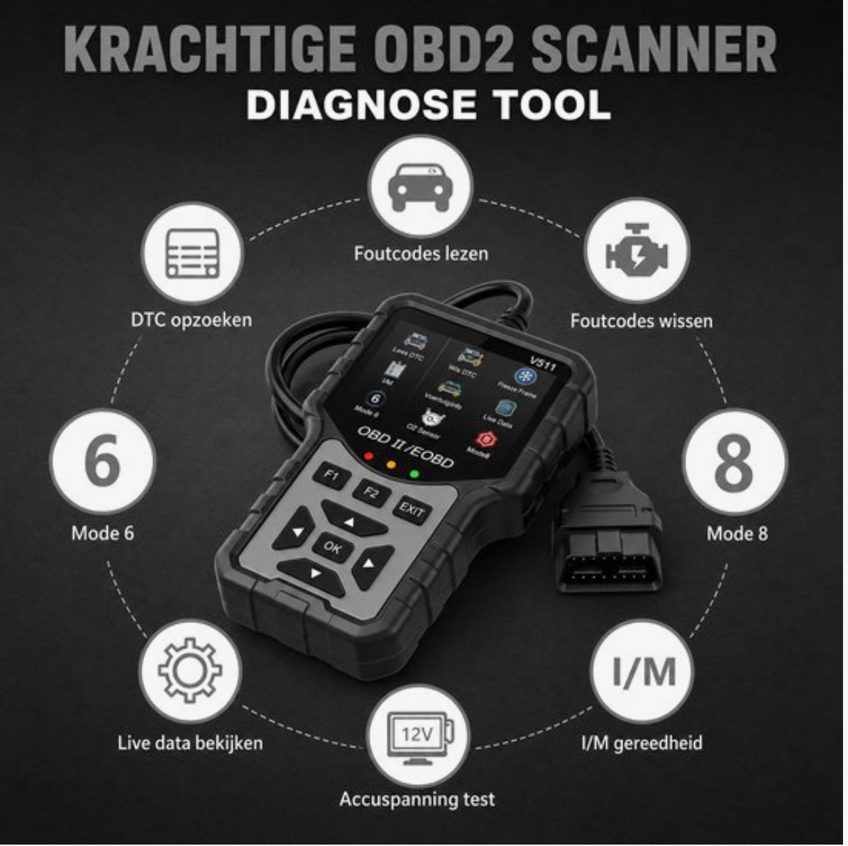 OBD2 - V511 Scanner – Auto Diagnoseapparaat – Foutcodes Lezen & Wissen – Check Engine Reset – Live Data – Smog Test (I/M Readiness) – Accuspanning Test – OBDII/EOBD