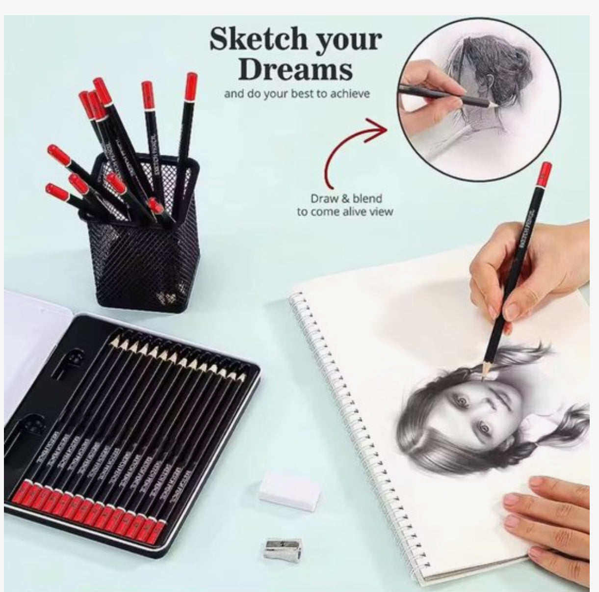 14-delige Professionele Tekenset – Sketch Potloden Set met Gum en Puntenslijper – HB t/m 12B – Voor Tekenen, Schetsen en Kunst