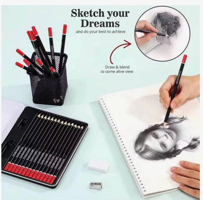 14-delige Professionele Tekenset – Sketch Potloden Set met Gum en Puntenslijper – HB t/m 12B – Voor Tekenen, Schetsen en Kunst