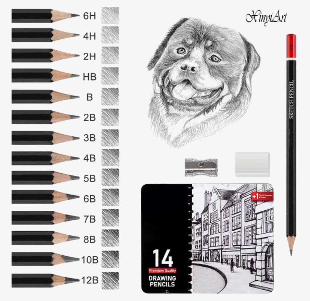 14-delige Professionele Tekenset – Sketch Potloden Set met Gum en Puntenslijper – HB t/m 12B – Voor Tekenen, Schetsen en Kunst