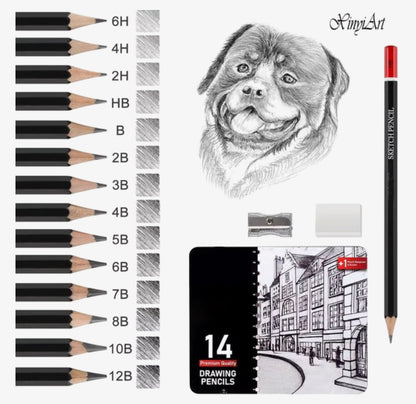 14-delige Professionele Tekenset – Sketch Potloden Set met Gum en Puntenslijper – HB t/m 12B – Voor Tekenen, Schetsen en Kunst