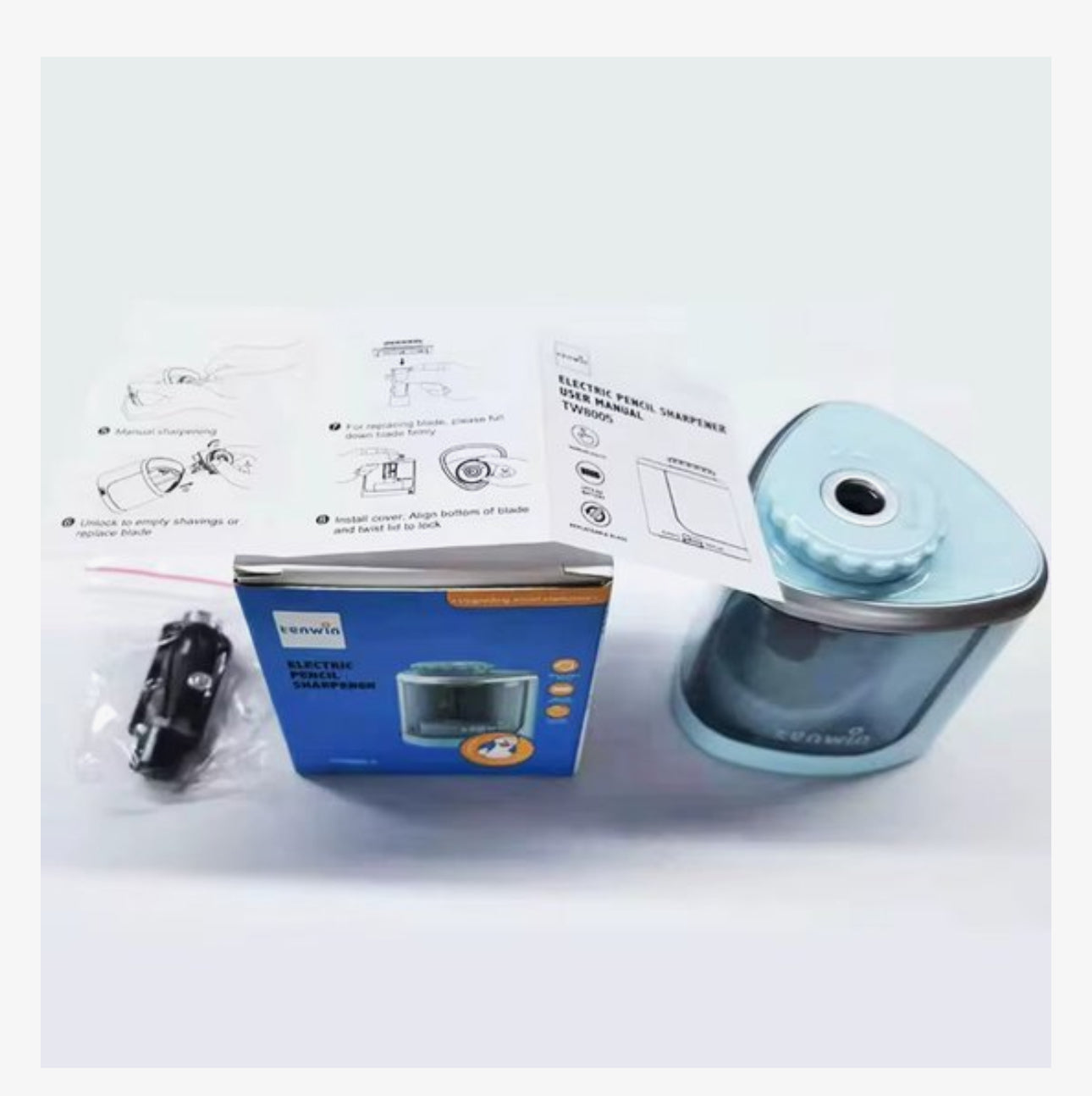 TENWIN Elektrische Puntenslijper – Automatische Potloodslijper met Reservemes – Werkt op 2 AA Batterijen – Compact & Stil – Lichtblauw