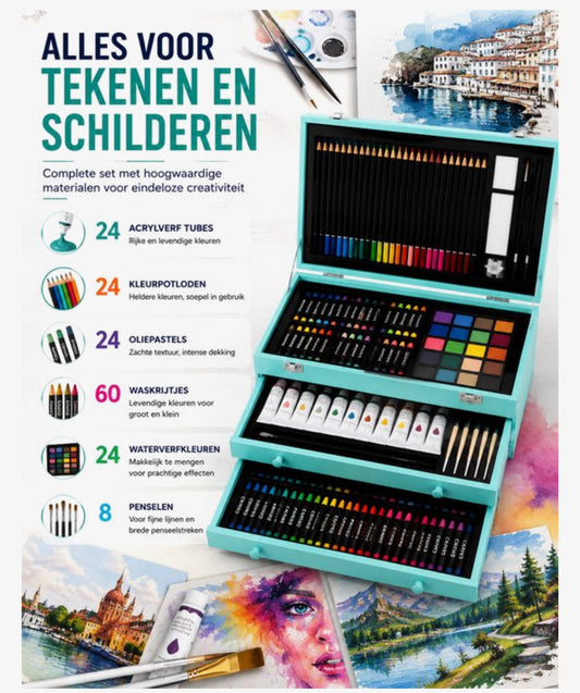 175 Delige Tekenset in Houten Koffer – Complete Kunstset met Acrylverf, Oliepastels, Kleurpotloden, Schetsboek & Acrylic Pad – Voor Beginners en Gevorderden – Turquoise