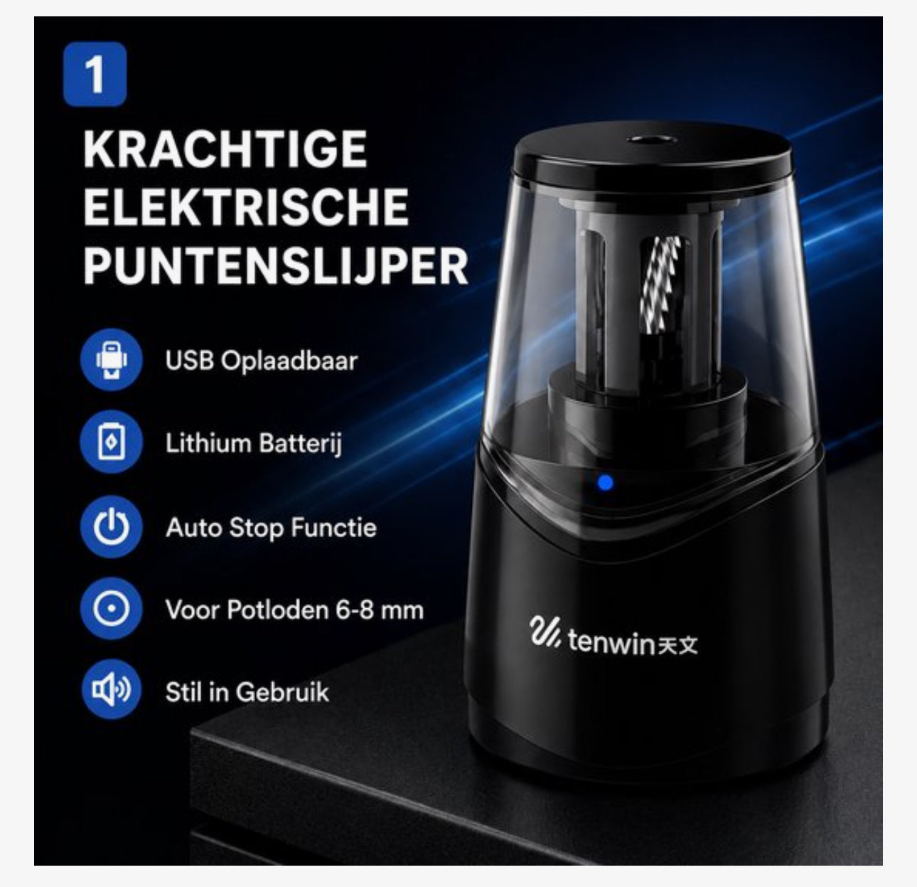 Tenwin Elektrische Puntenslijper Oplaadbaar – Lithium Batterij – USB Oplaadbaar – Auto Stop – Vervangbaar Spiraalmes – Voor Potloden 6-8 mm – Zwart
