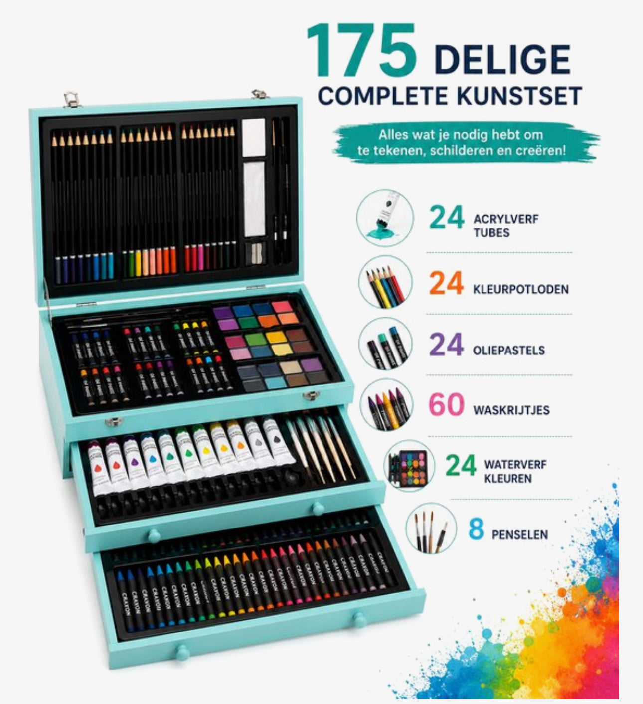 175 Delige Tekenset in Houten Koffer – Complete Kunstset met Acrylverf, Oliepastels, Kleurpotloden, Schetsboek & Acrylic Pad – Voor Beginners en Gevorderden – Turquoise