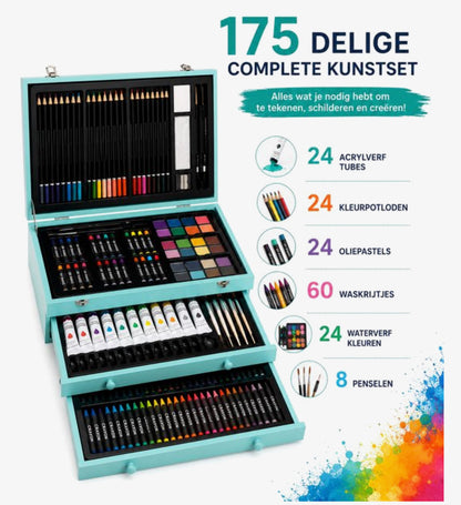 175 Delige Tekenset in Houten Koffer – Complete Kunstset met Acrylverf, Oliepastels, Kleurpotloden, Schetsboek & Acrylic Pad – Voor Beginners en Gevorderden – Turquoise