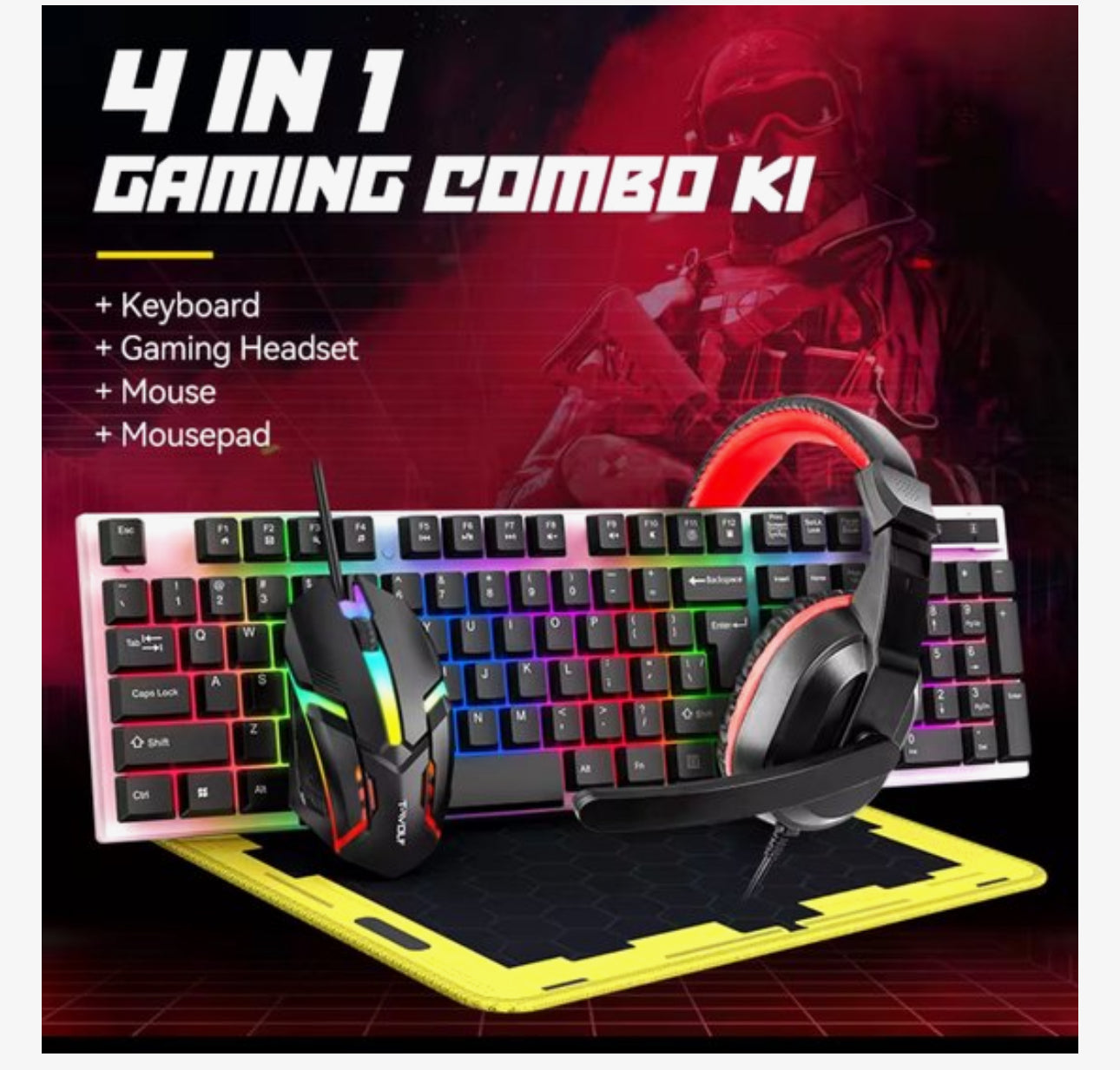 Toetsenbord, Gaming Muis, Headset & Muismat – RGB LED Verlichting – Bedrade USB - 4-in-1 Gaming Set – – 104 Toetsen – PC / Laptop Gaming Combo