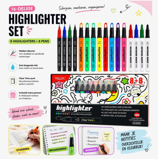 16 Delige Highlighter Pennen Set – 8 Fluor Kleuren – Inclusief Whiteboard Markers & Fineliners – Voor School en Kantoor