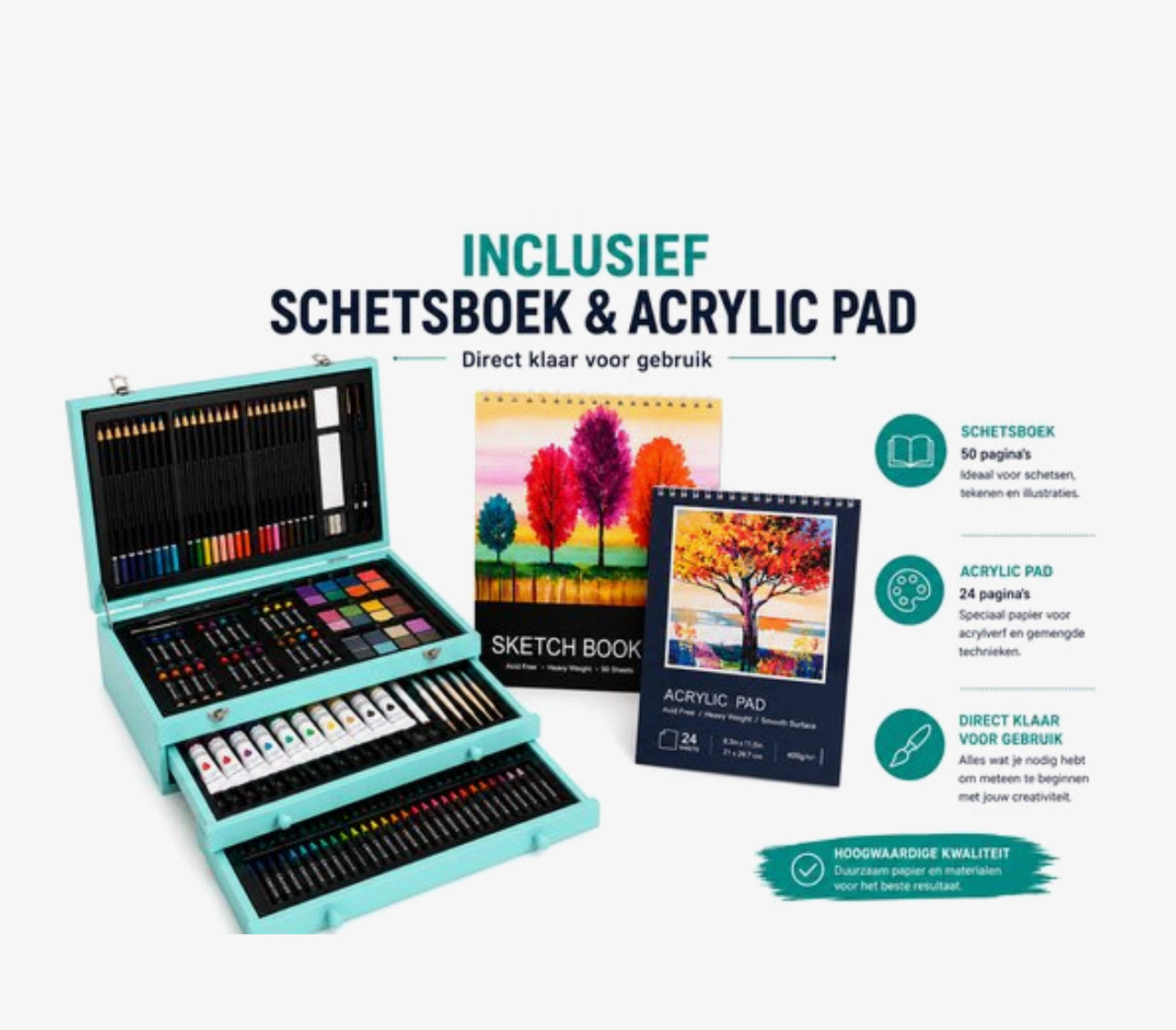 175 Delige Tekenset in Houten Koffer – Complete Kunstset met Acrylverf, Oliepastels, Kleurpotloden, Schetsboek & Acrylic Pad – Voor Beginners en Gevorderden – Turquoise