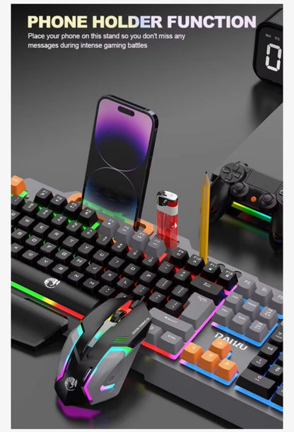 Gaming Toetsenbord en Muis Set Wit – RGB LED Verlichting – 104 Toetsen – Anti-Ghosting – Ergonomische Polssteun – Verstelbare DPI 800/1200/1600 – Telefoonhouder – USB Gaming Keyboard & Mouse voor PC Laptop